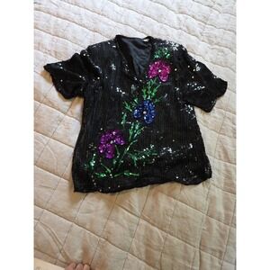 Vintage Floral Motif Black  Sequin Top Petite Small